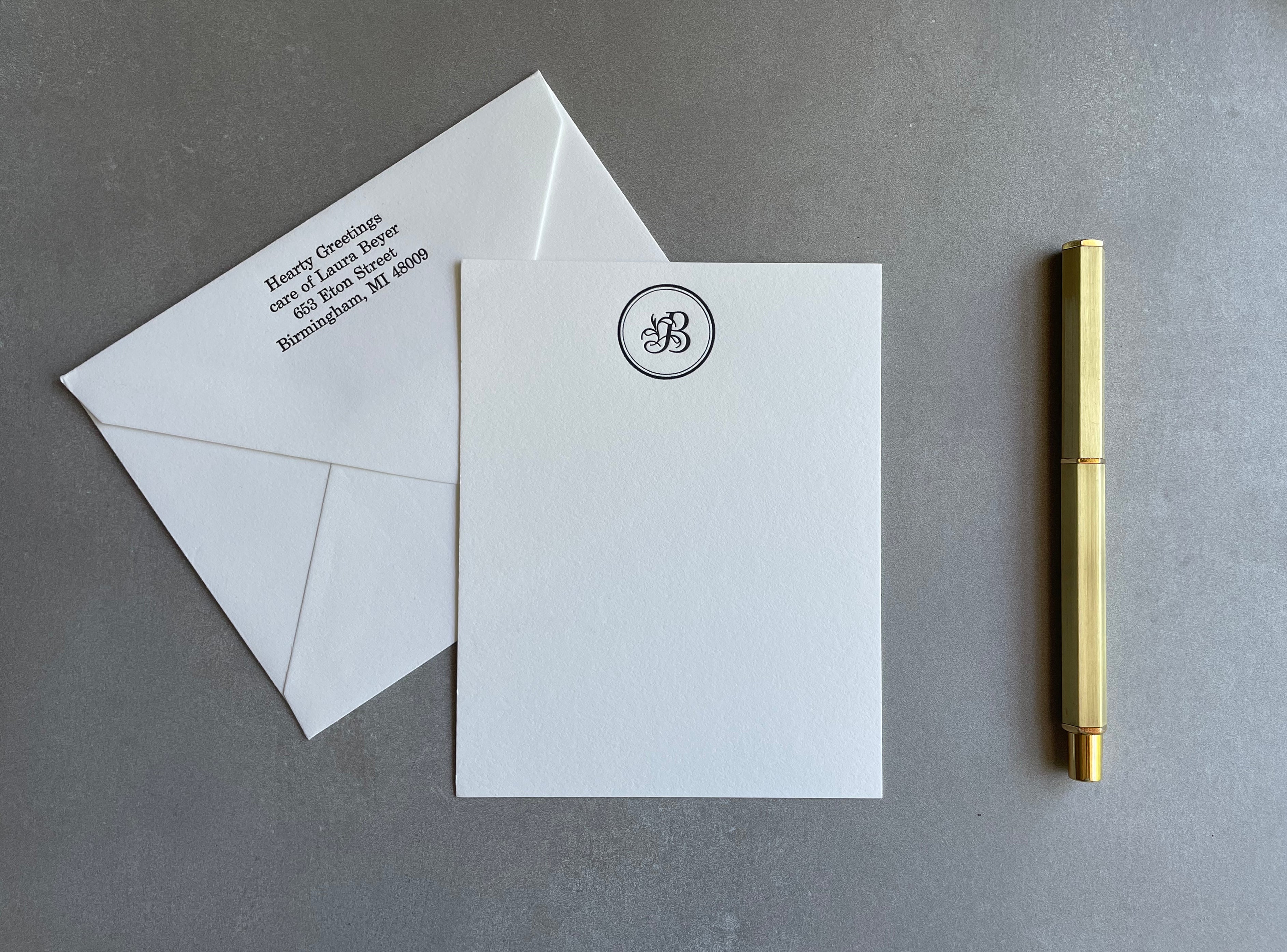 Fancy Stamp: Custom Initial Letterpress Stationery. Personalized Notecards with Envelopes. - Hearty Greetings