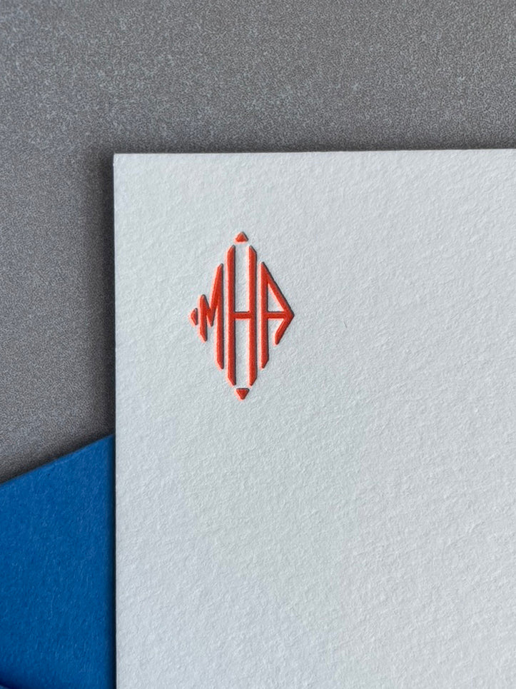 Diamond Monogram: Custom Initial Letterpress Stationery. Personalized Notecards with Envelopes. - Hearty Greetings