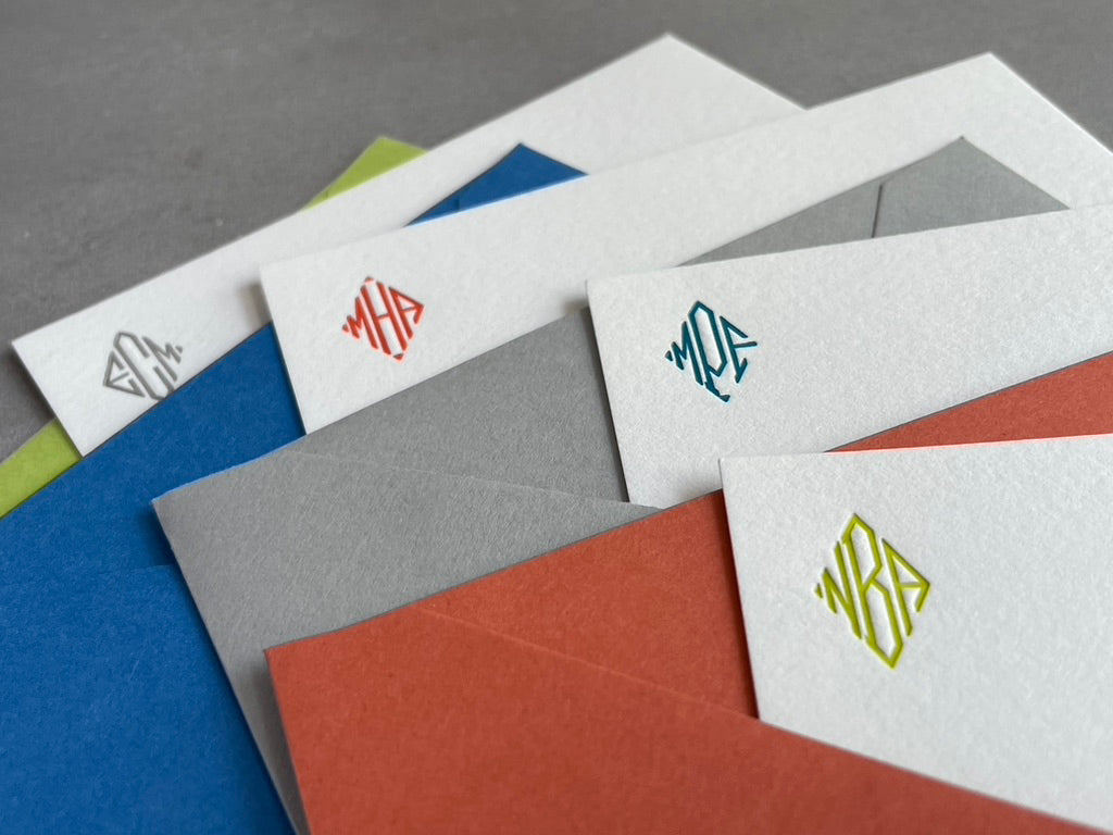 Diamond Monogram: Custom Initial Letterpress Stationery. Personalized Notecards with Envelopes. - Hearty Greetings