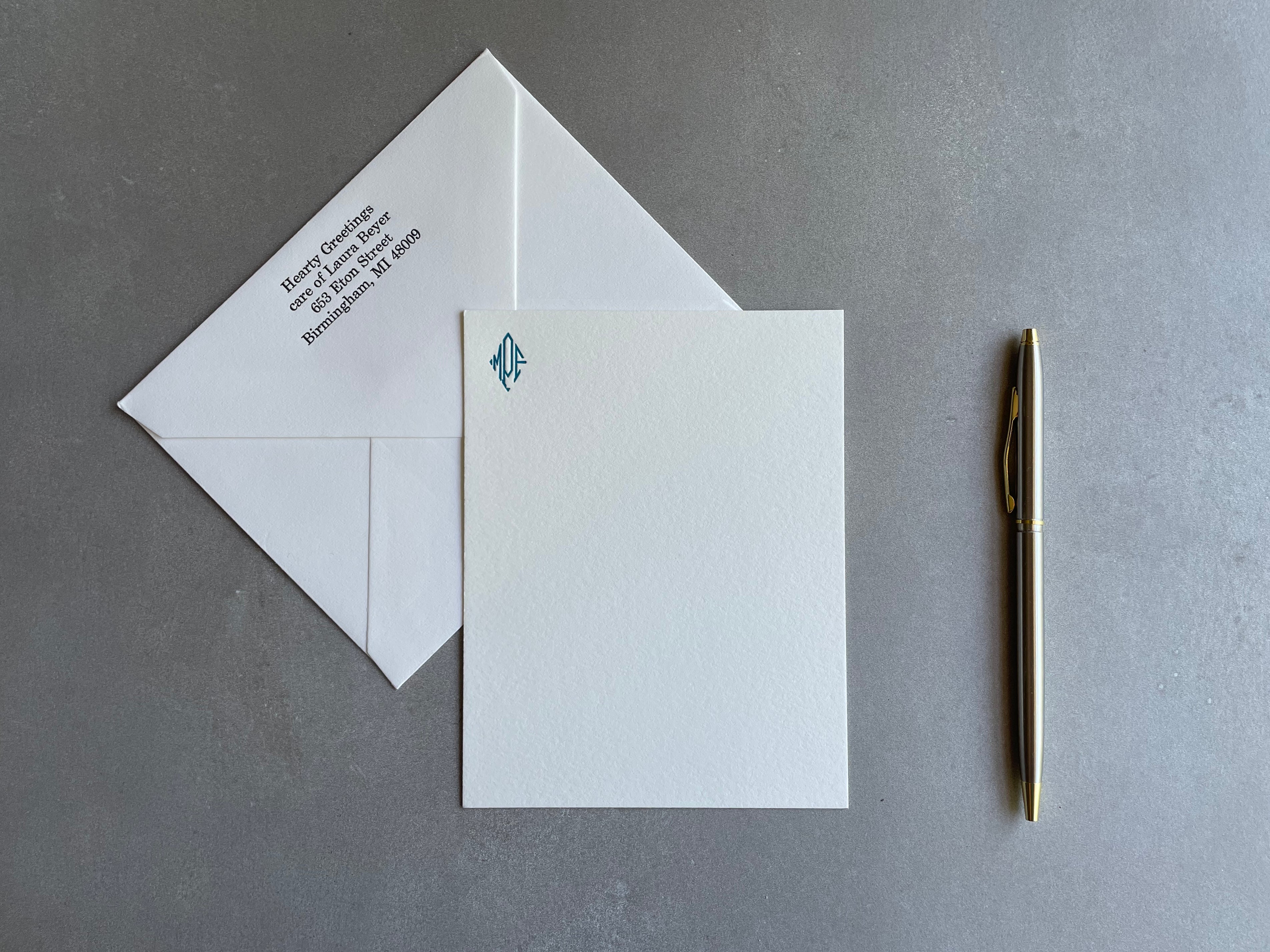 Diamond Monogram: Custom Initial Letterpress Stationery. Personalized Notecards with Envelopes. - Hearty Greetings