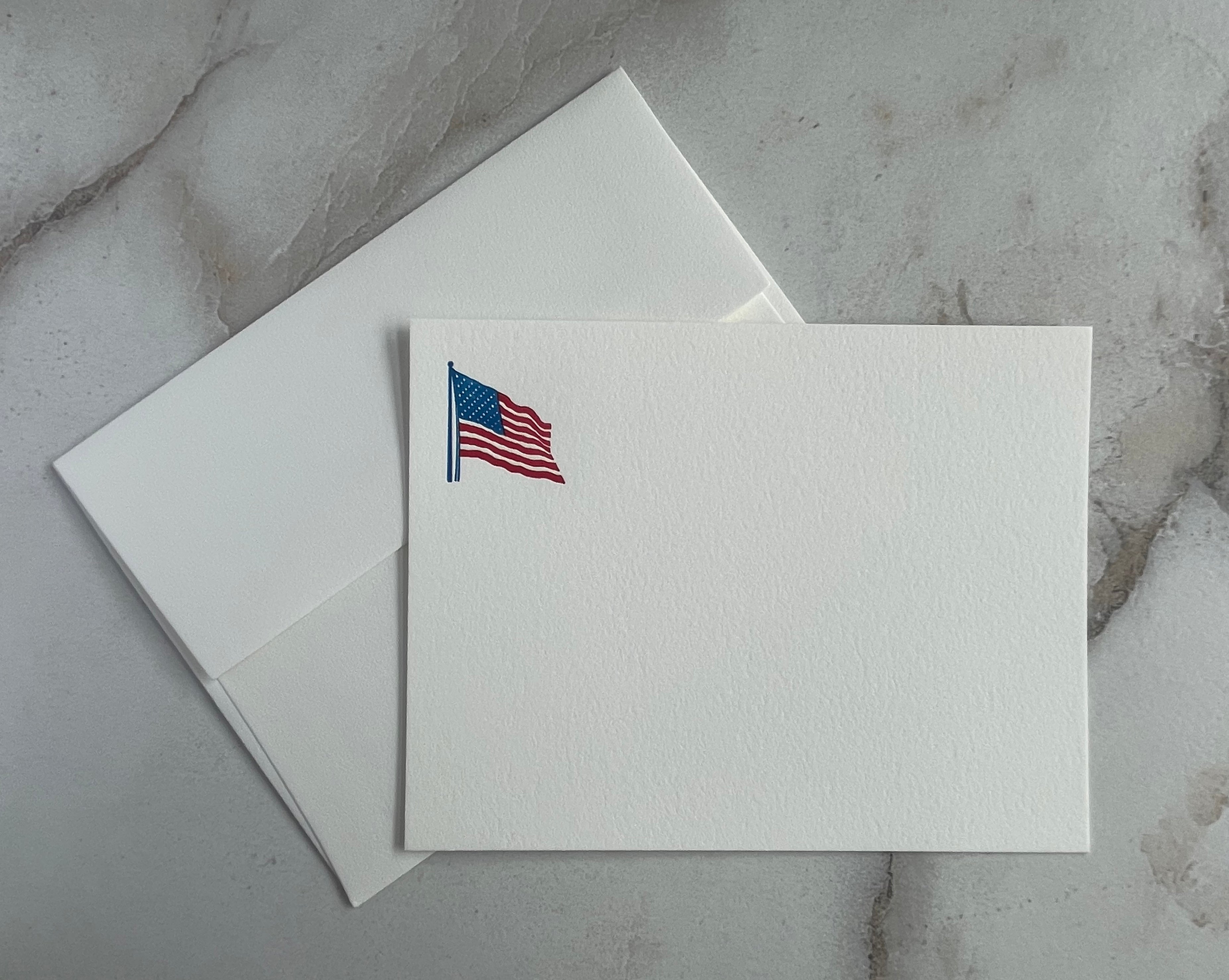 Set of 5, American Flag, Stars & Stripes cards. Handprinted Letterpress Notecard Set with Envelopes. - Hearty Greetings