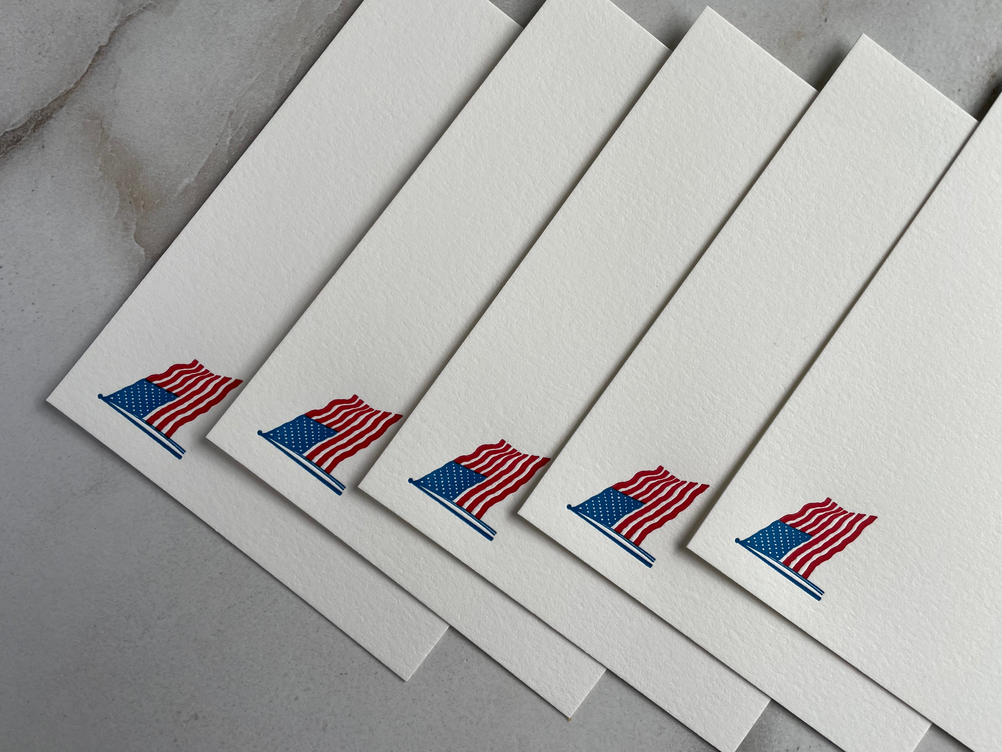 Set of 5, American Flag, Stars & Stripes cards. Handprinted Letterpress Notecard Set with Envelopes. - Hearty Greetings