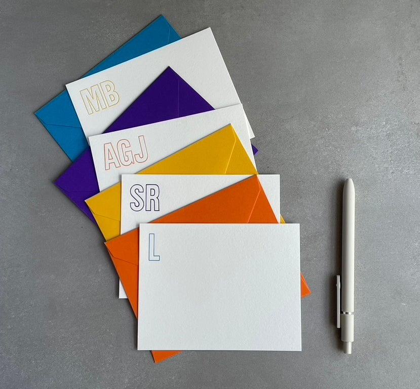 Statement Piece: Custom Initial Letterpress Stationery. Personalized Notecards with Envelopes. - Hearty Greetings