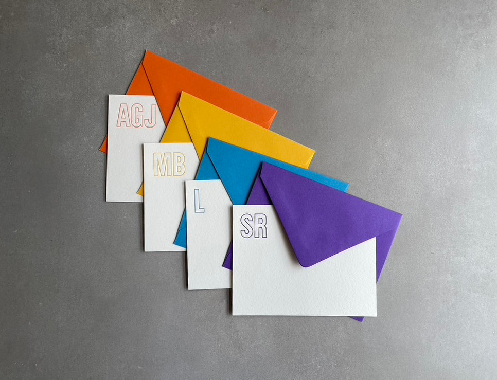 Statement Piece: Custom Initial Letterpress Stationery. Personalized Notecards with Envelopes. - Hearty Greetings