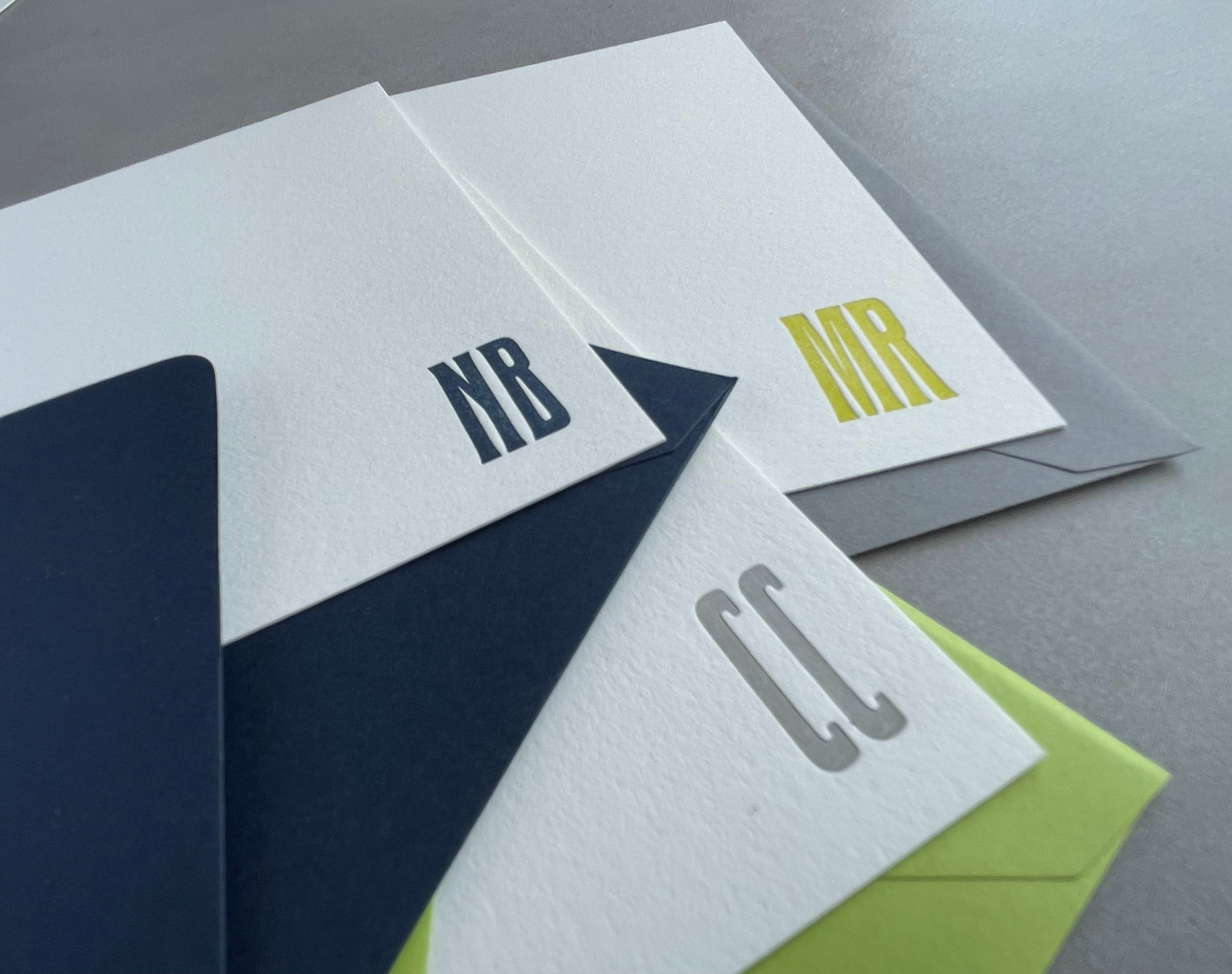 Cool Condensed: Custom Initial Letterpress Stationery. Personalized Notecards with Envelopes. - Hearty Greetings