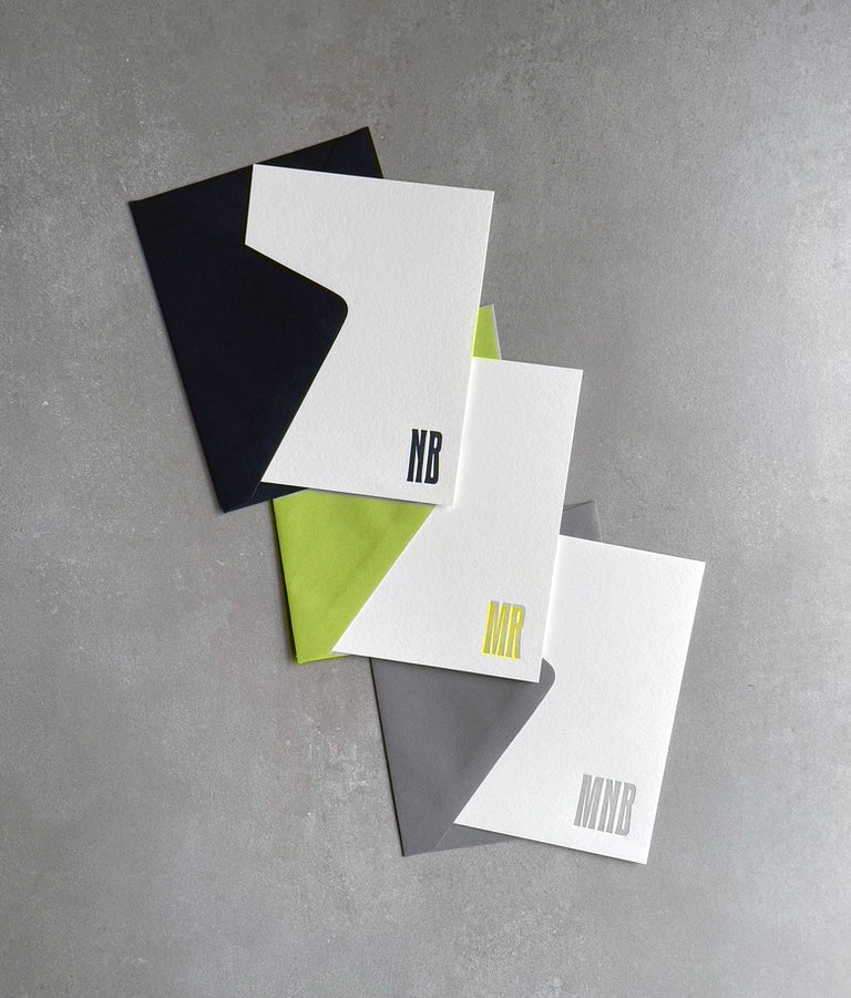 Cool Condensed: Custom Initial Letterpress Stationery. Personalized Notecards with Envelopes. - Hearty Greetings