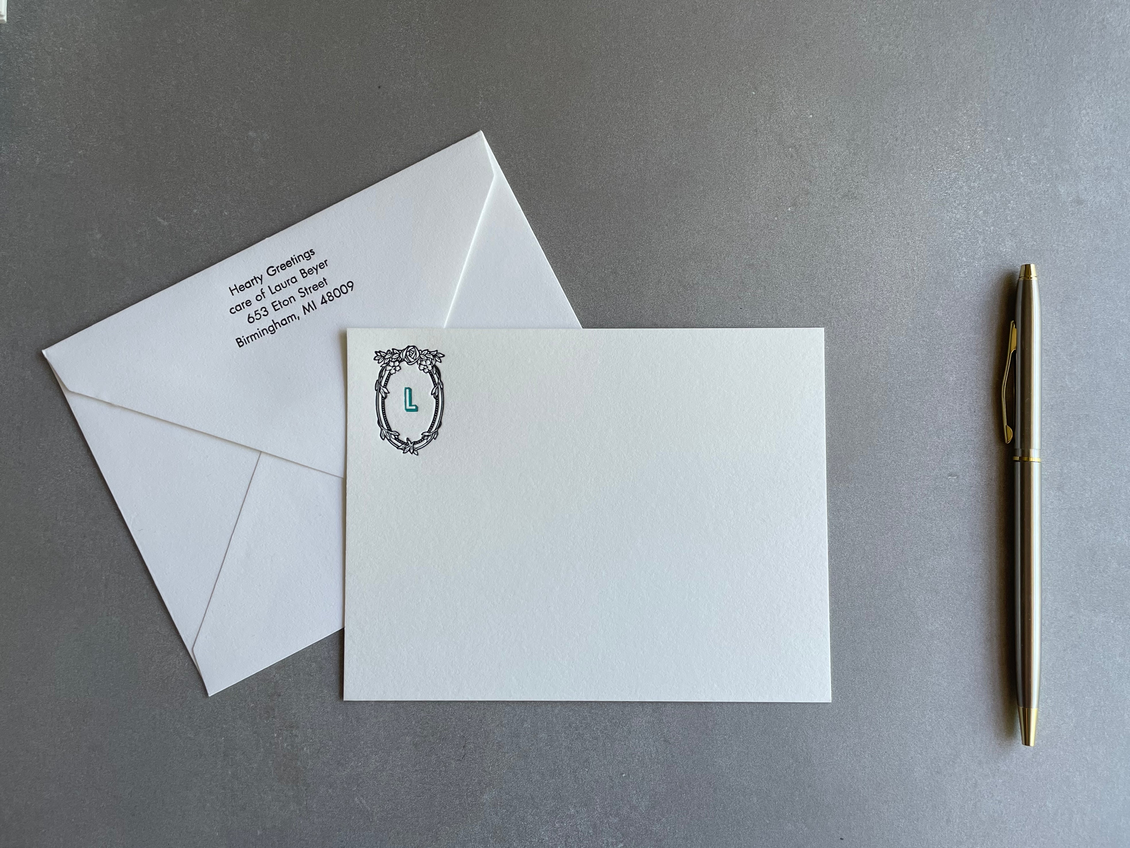 Feeling Rosey: Jewel Tone 2-Color, Custom Initial Letterpress Stationery. Personalized Notecards with Envelopes. - Hearty Greetings