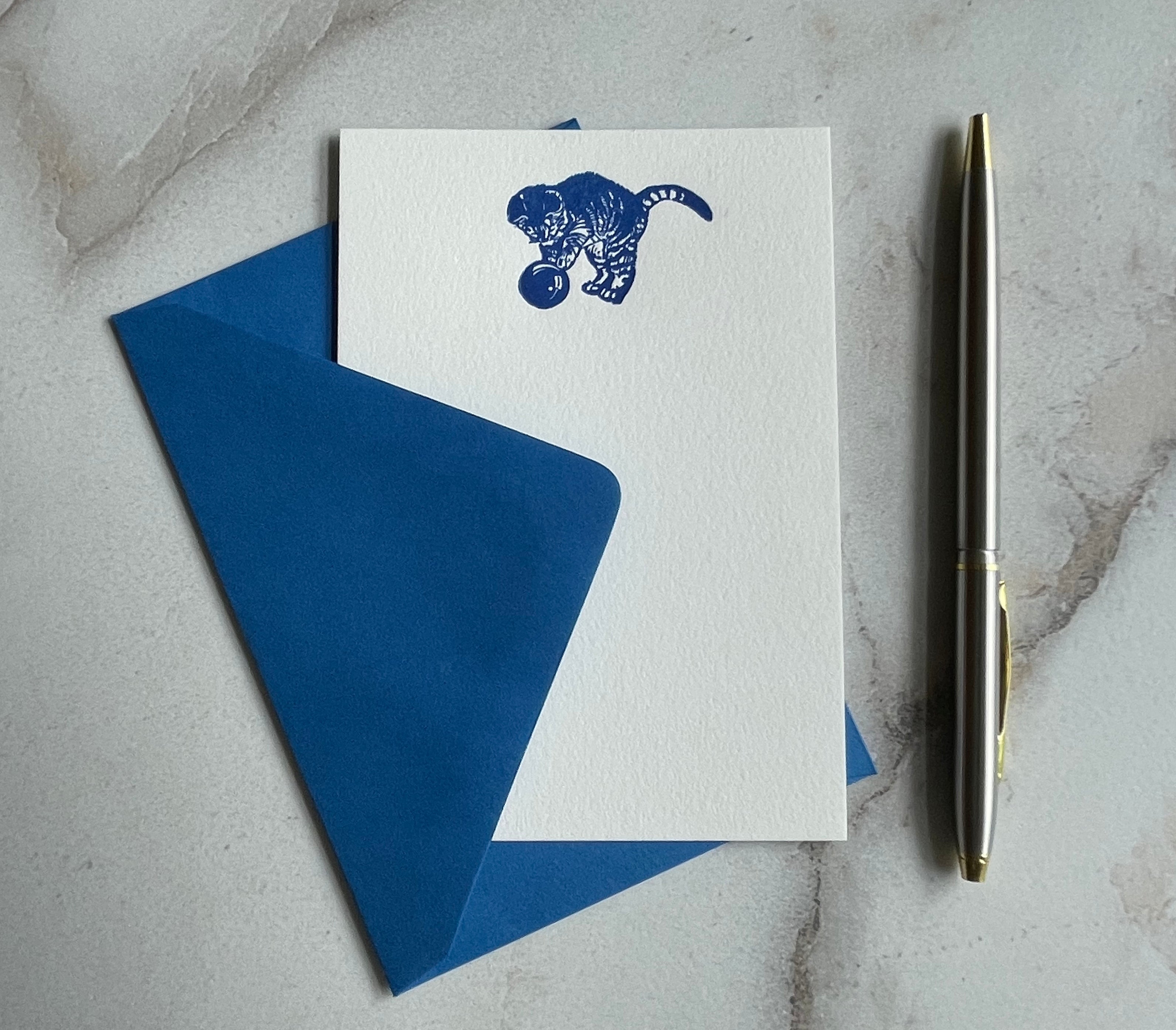 Set of 5, Handprinted Letterpress Notecards with Envelopes. Flat card, letter writing set. Handmade cards, Embossed Blue Kitten, Cat, meow - Hearty Greetings