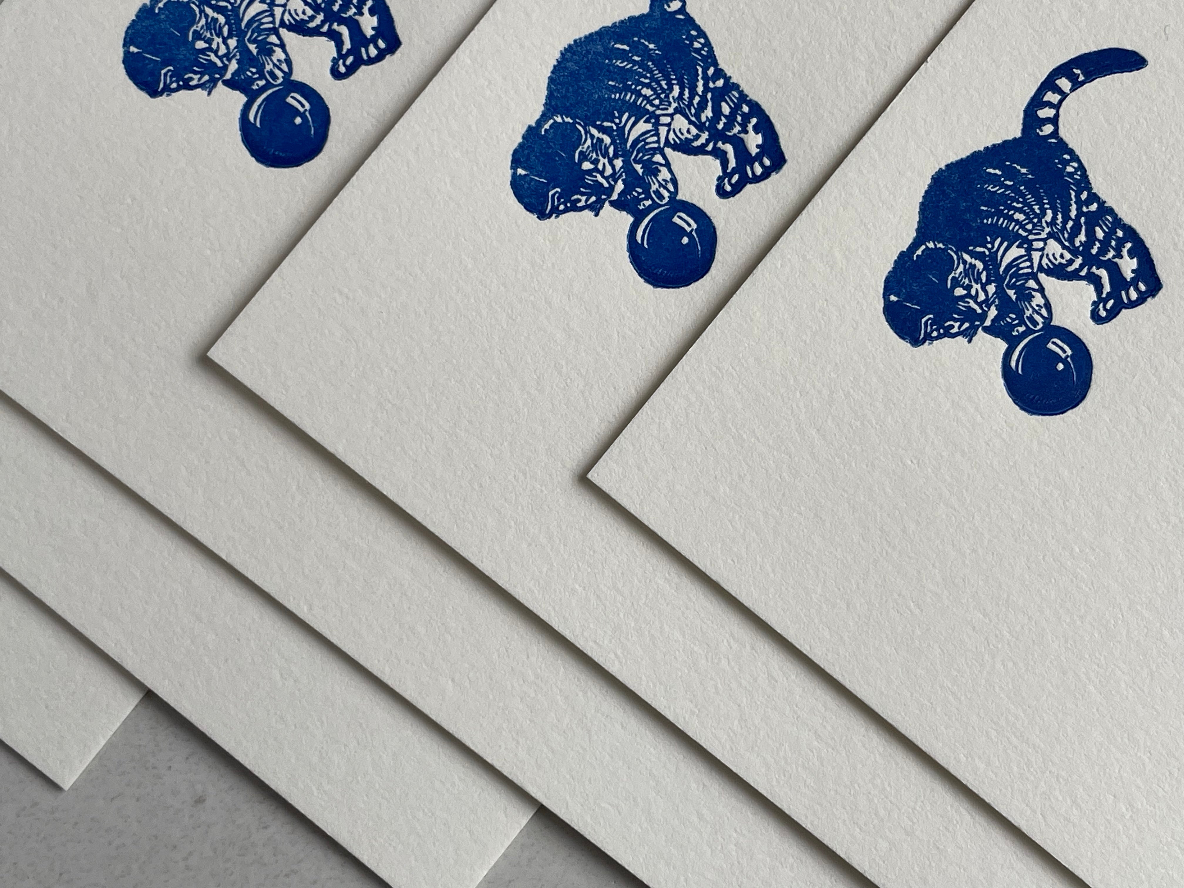 Set of 5, Handprinted Letterpress Notecards with Envelopes. Flat card, letter writing set. Handmade cards, Embossed Blue Kitten, Cat, meow - Hearty Greetings