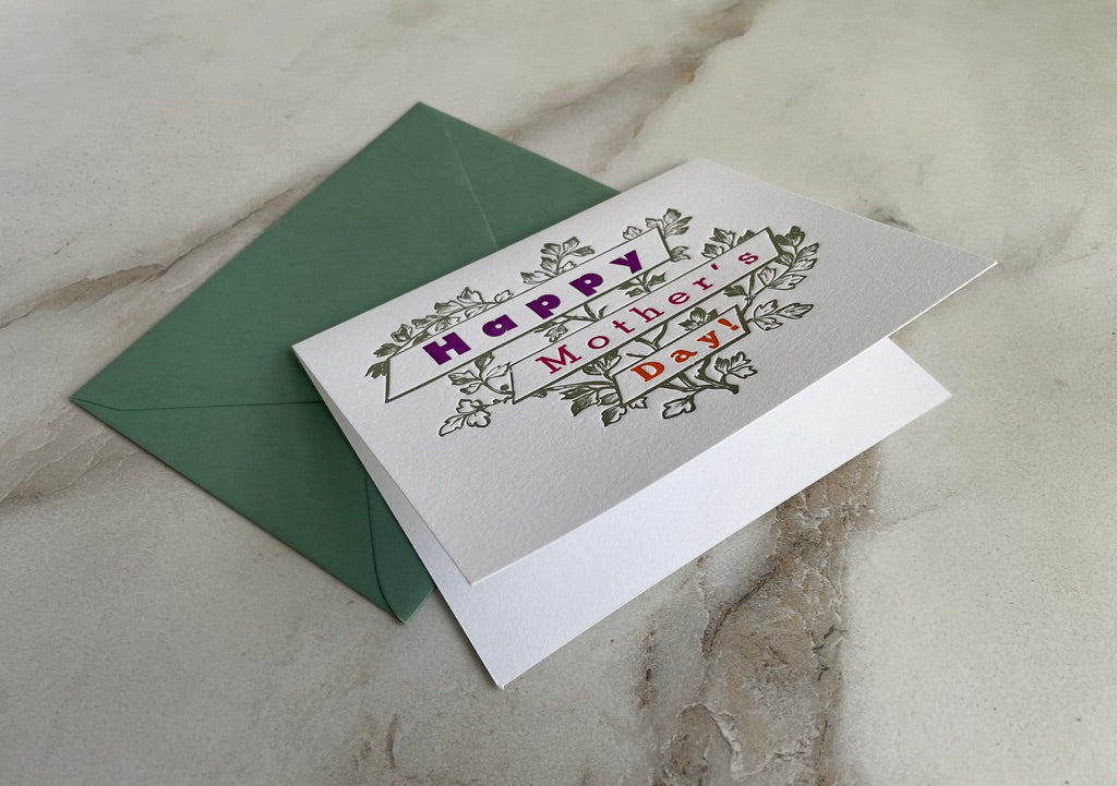 Letterpress Printed Happy Mother's Day, Folded Card with Envelope. - Hearty Greetings