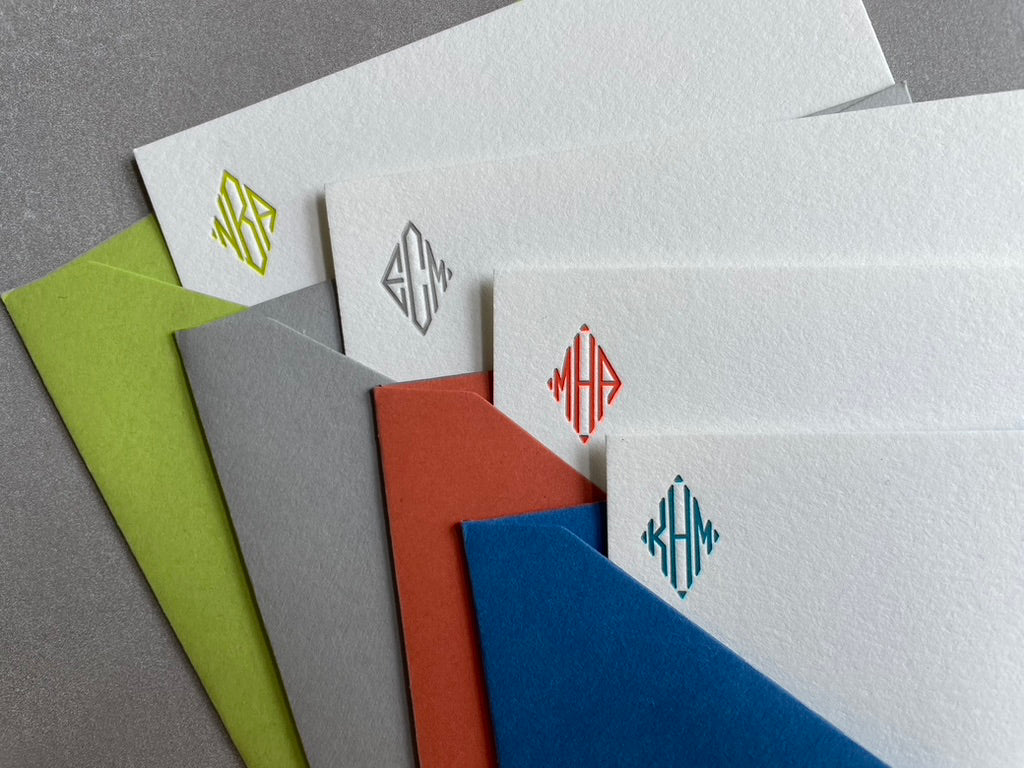 Diamond Monogram: Custom Initial Letterpress Stationery. Personalized Notecards with Envelopes. - Hearty Greetings