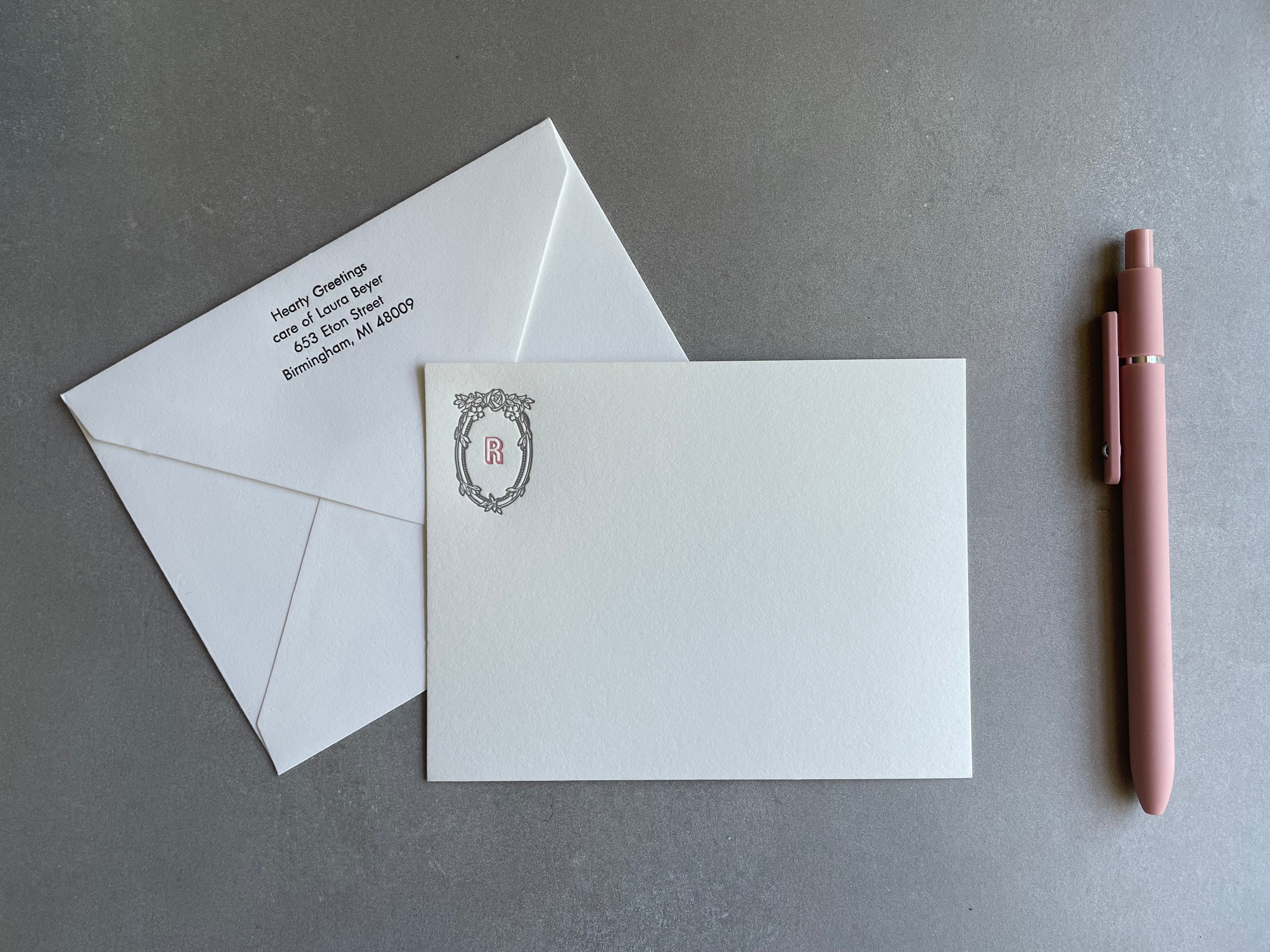 Feeling Rosey: Pastel Tones 2-Color, Custom Initial Letterpress Stationery. Personalized Notecards with Envelopes. - Hearty Greetings