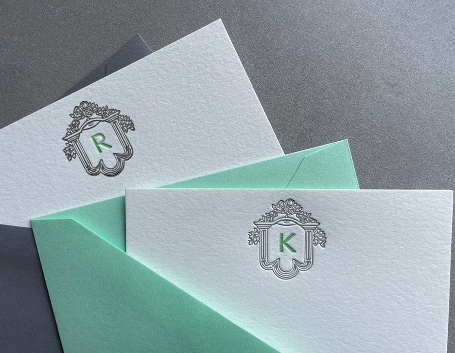 Seeing-Eye: 2-Color, Custom Initial Letterpress Stationery. Personalized Notecards with Envelopes. - Hearty Greetings