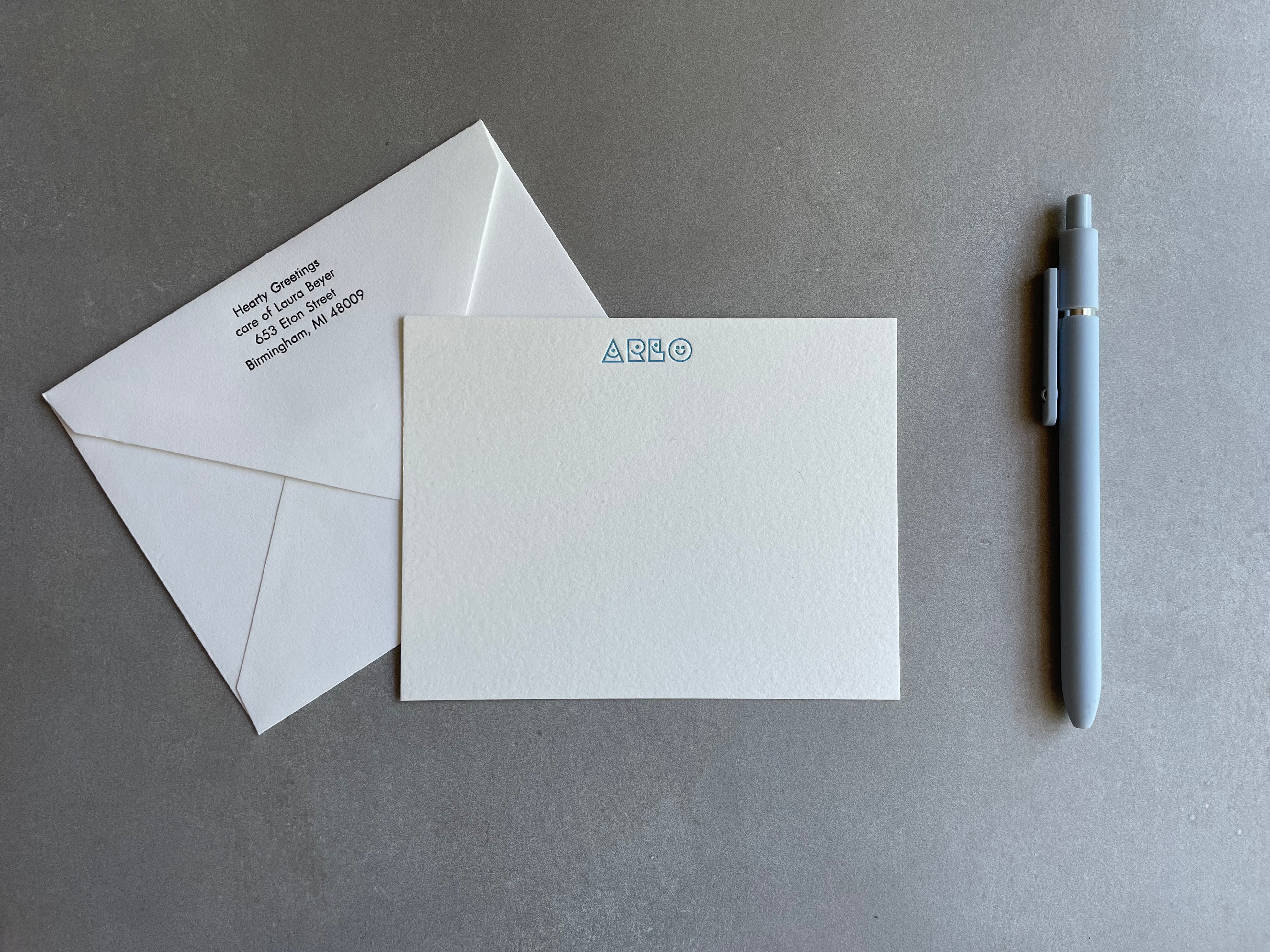 Smile! Custom Name Letterpress Stationery. Personalized Notecards with Envelopes. - Hearty Greetings