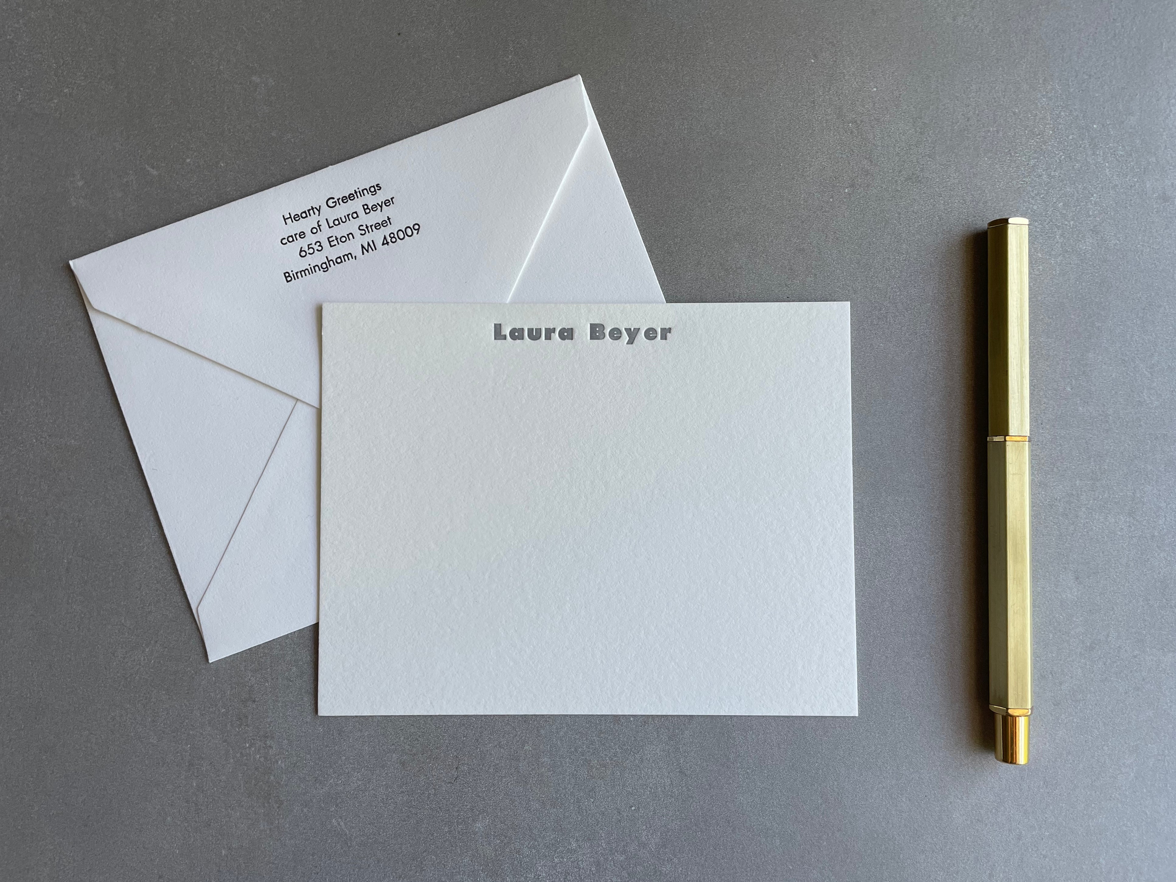 Spartan Bold: Custom Name Letterpress Stationery. Personalized Notecards with Envelopes. - Hearty Greetings