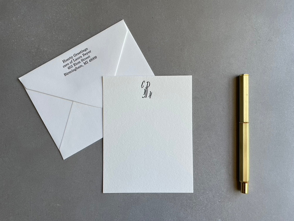 Broadway Monogram: Custom Initial Letterpress Stationery. Personalized Notecards with Envelopes. - Hearty Greetings