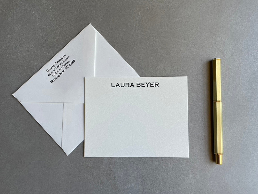 Copperplate: Custom Name Letterpress Stationery. Personalized Notecards with Envelopes. - Hearty Greetings