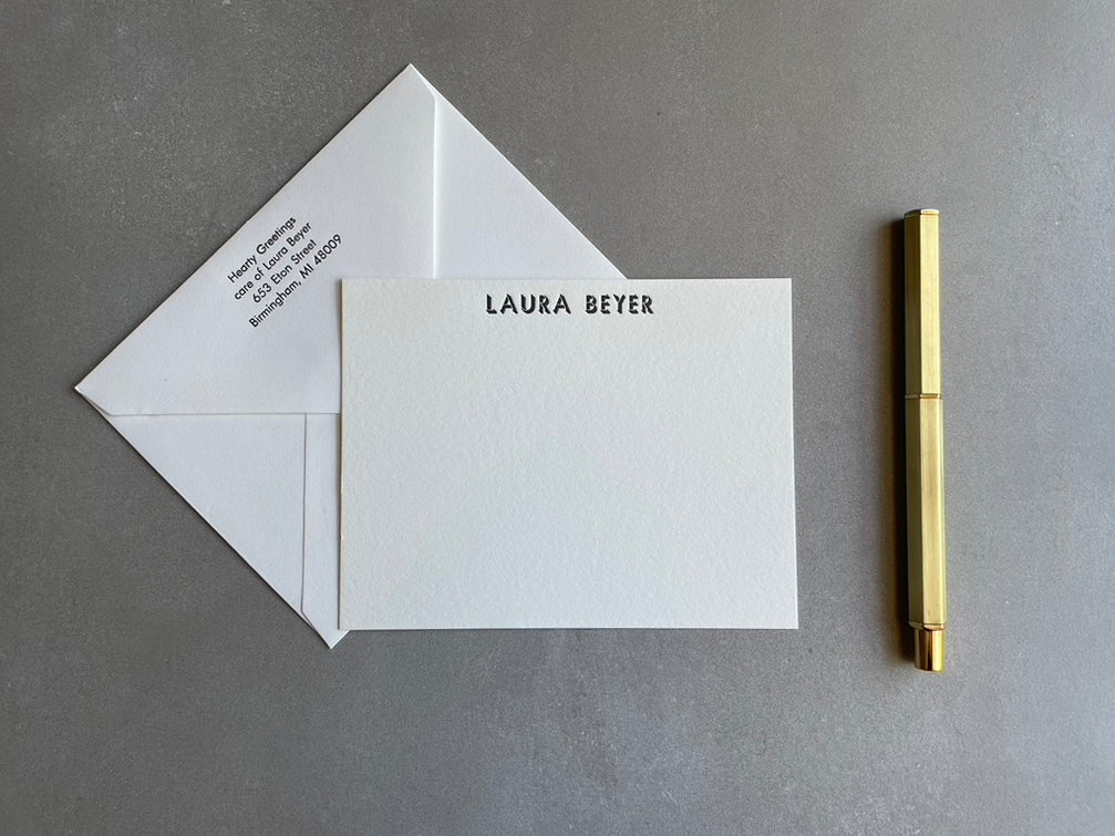 Shadow: Custom Name Letterpress Stationery. Personalized Notecards with Envelopes. - Hearty Greetings