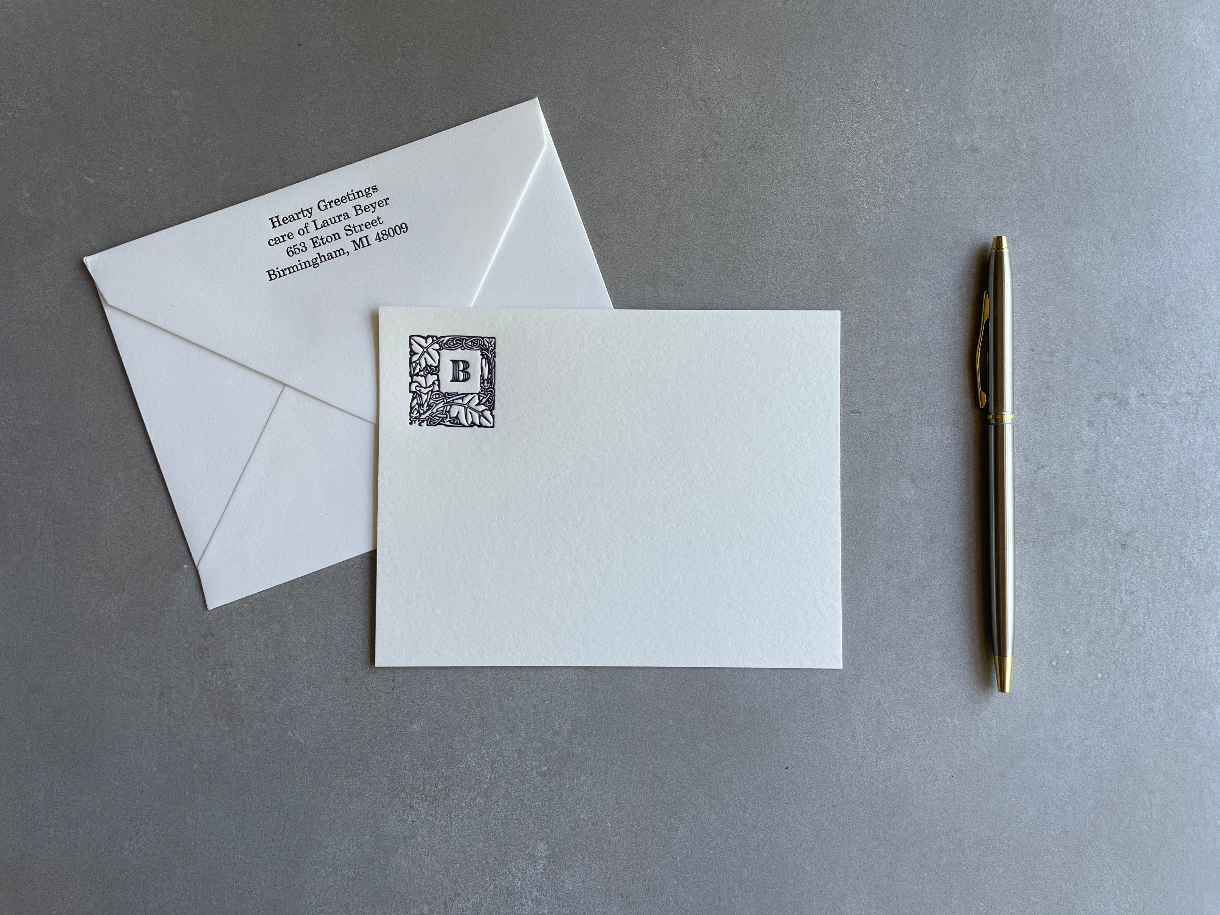 Lovely Leaf: Custom Initial Letterpress Stationery. Personalized Notecards with Envelopes. - Hearty Greetings