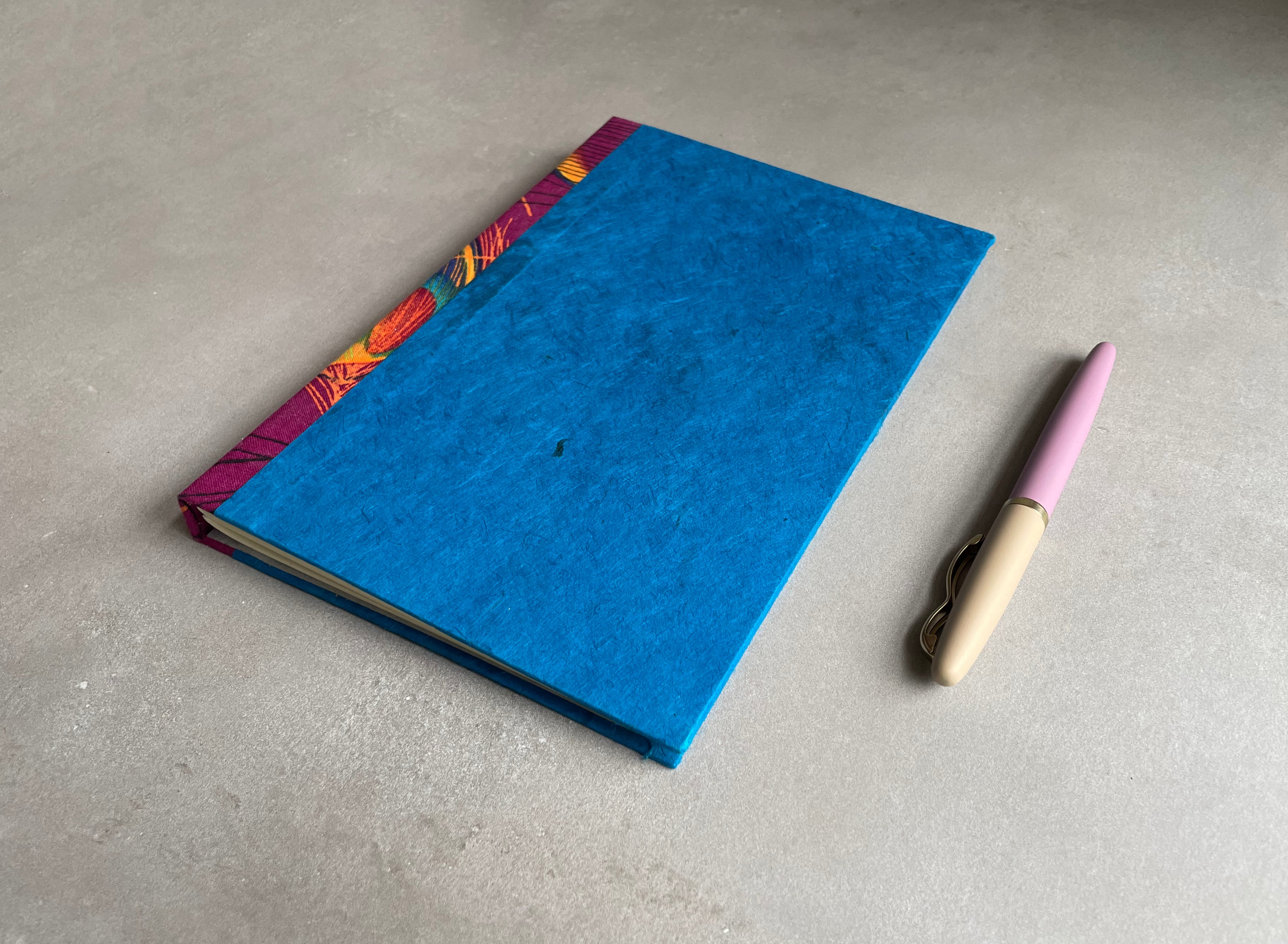 Hand bound Journal with Blue Cover. Hardcover, unique handmade book with decorative binding. - Hearty Greetings