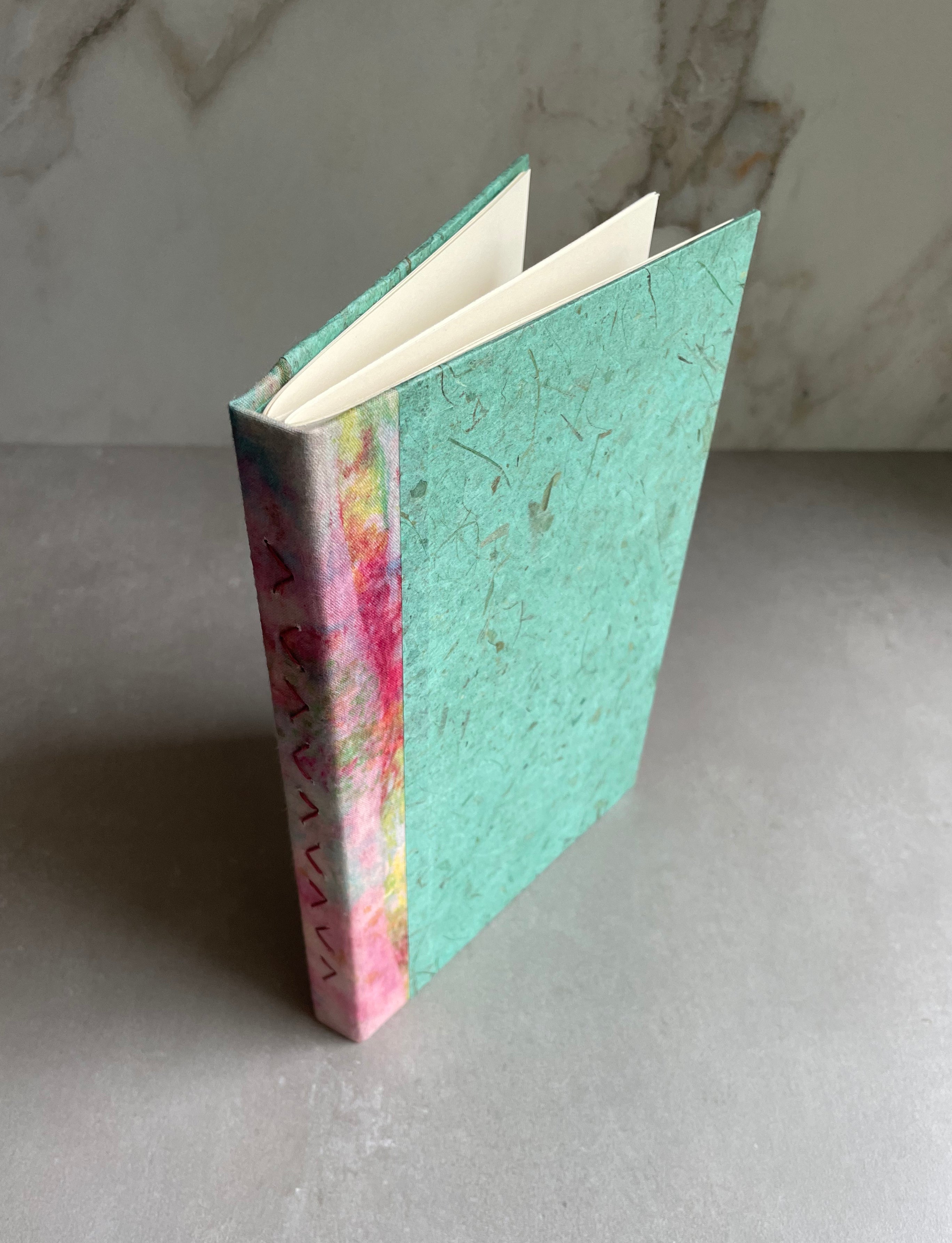 Handmade book, a work of art, bound in green woven book cloth, and wood, with original block print art on cover. Journal, diary, sketchbook. buy