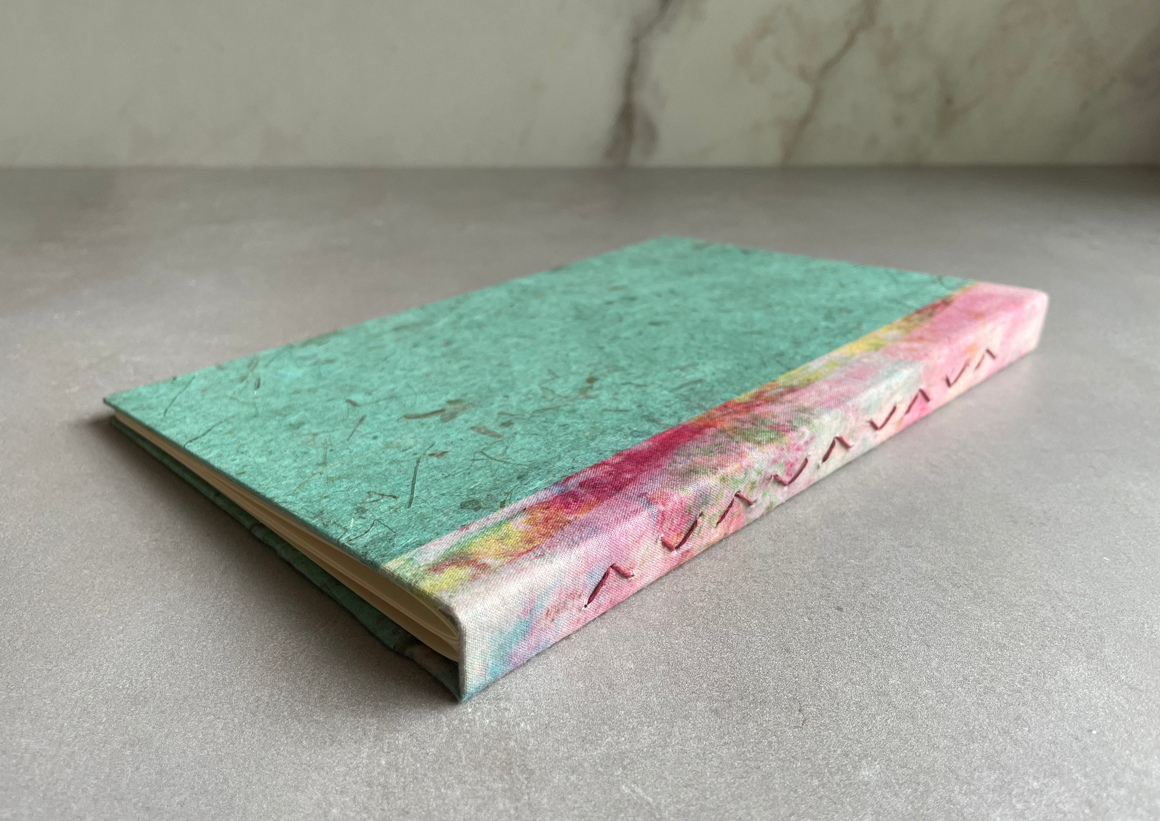 Handmade book, a work of art, bound in green woven book cloth, and wood, with original block print art on cover. Journal, diary, sketchbook. buy