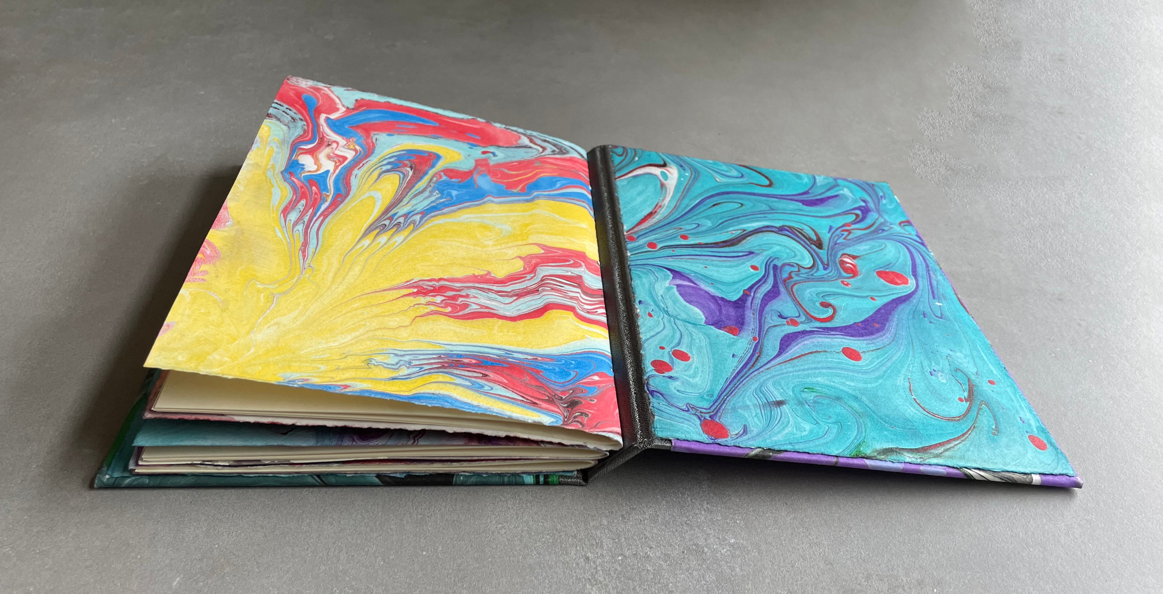 Hand bound Journal with Marbled Paper Cover. Hardcover, unique handmade book with decorative binding. - Hearty Greetings