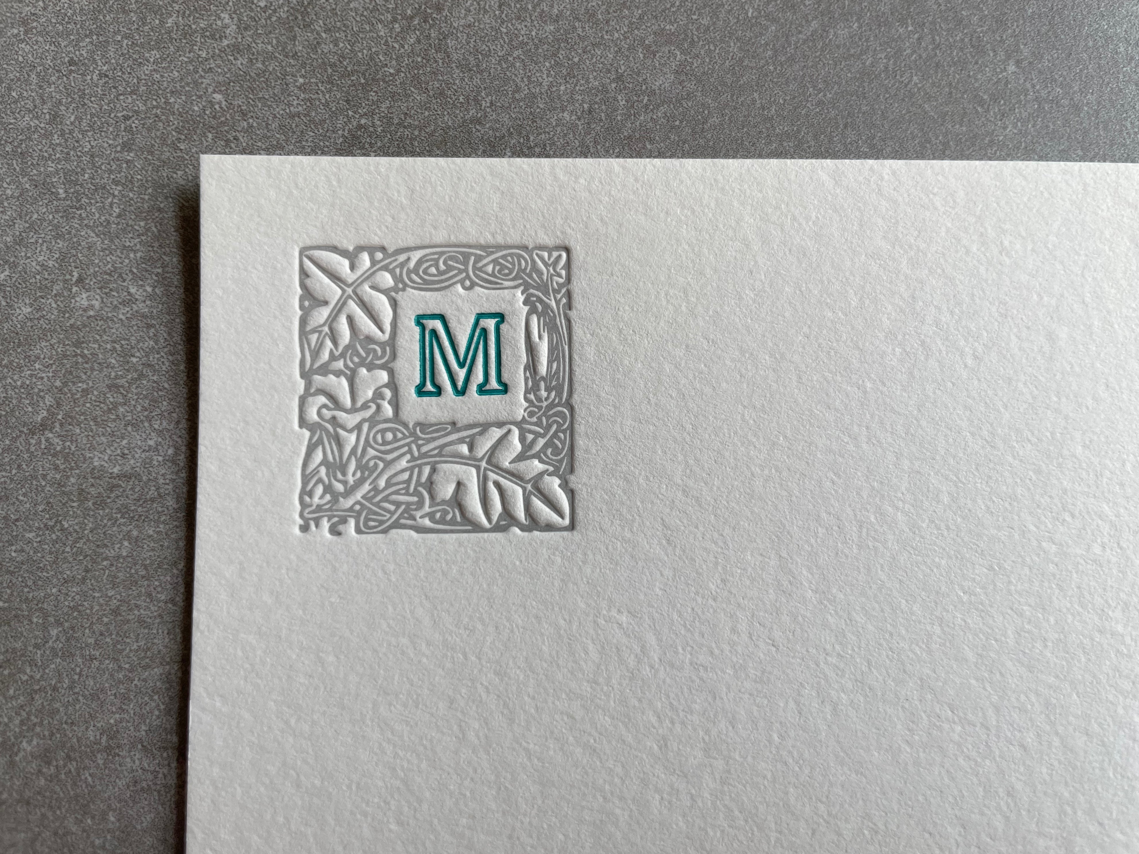 Lovely Leaf: 2-Color, Custom Initial Letterpress Stationery. Personalized Notecards with Envelopes. - Hearty Greetings
