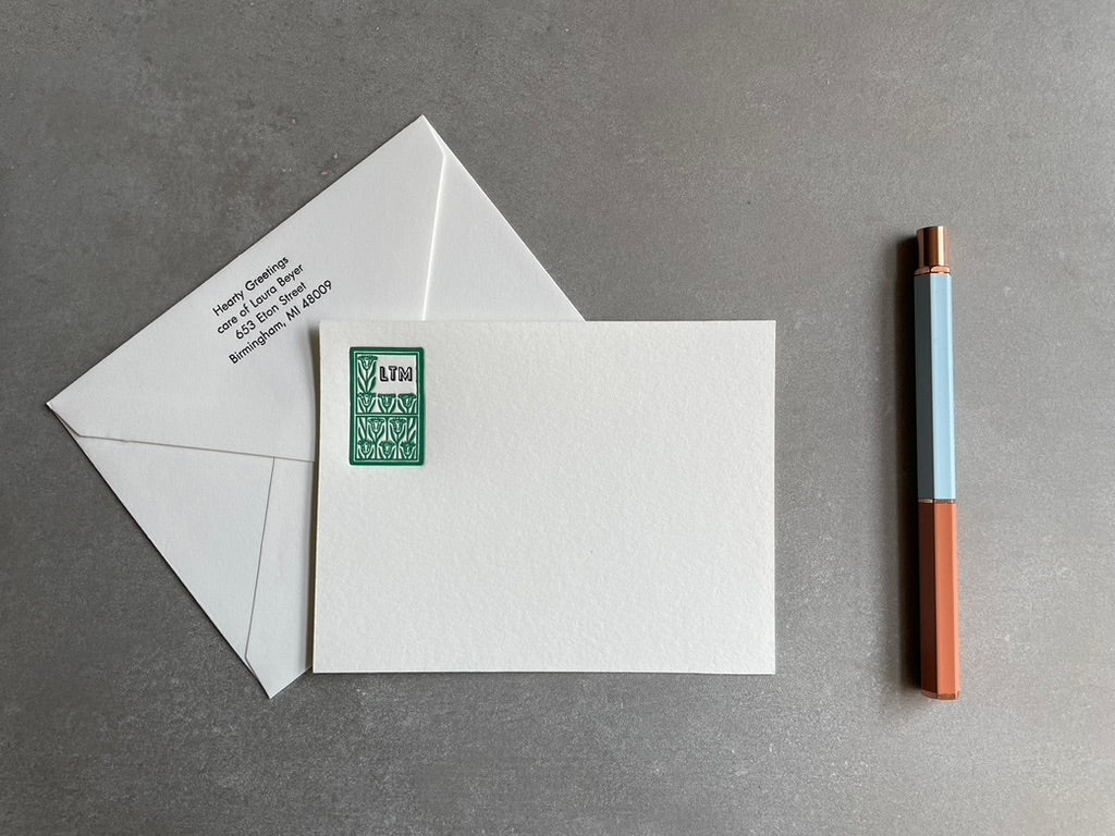Art Deco: 2 Color, Custom Initial Letterpress Stationery. Personalized Notecards with Envelopes. - Hearty Greetings