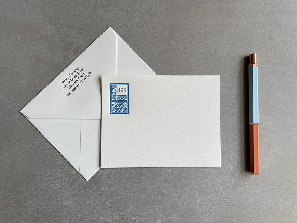 Art Deco: 2 Color, Custom Initial Letterpress Stationery. Personalized Notecards with Envelopes. - Hearty Greetings