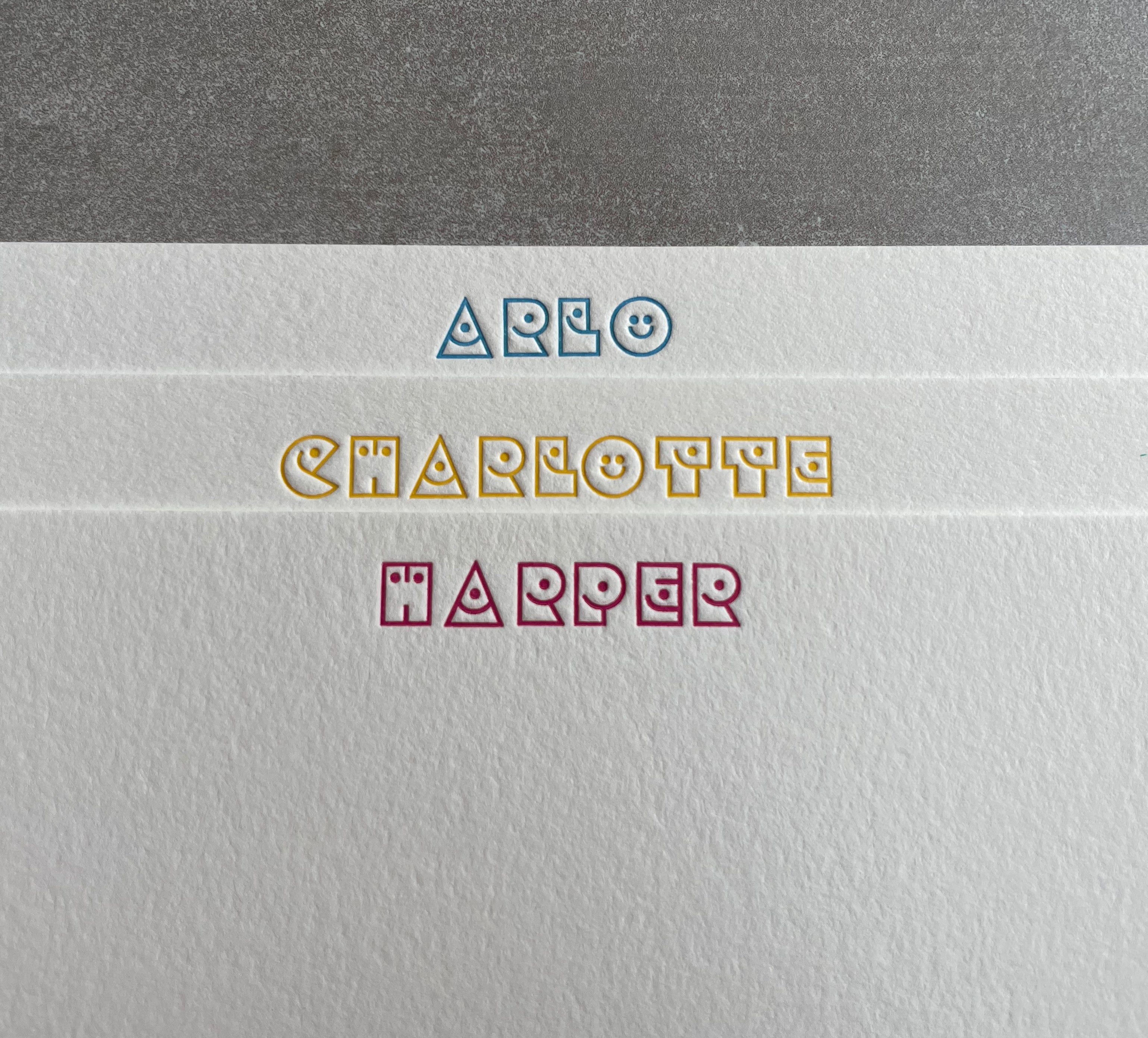 Smile! Custom Name Letterpress Stationery. Personalized Notecards with Envelopes. - Hearty Greetings