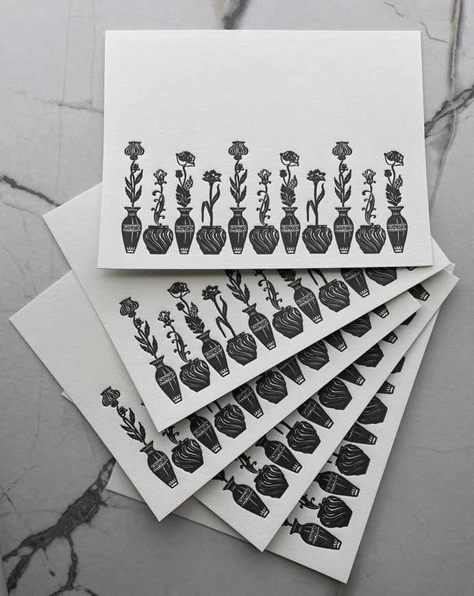 Set of 5, Floral Letterpress Notecards with Matching Handprinted Envelopes. - Hearty Greetings