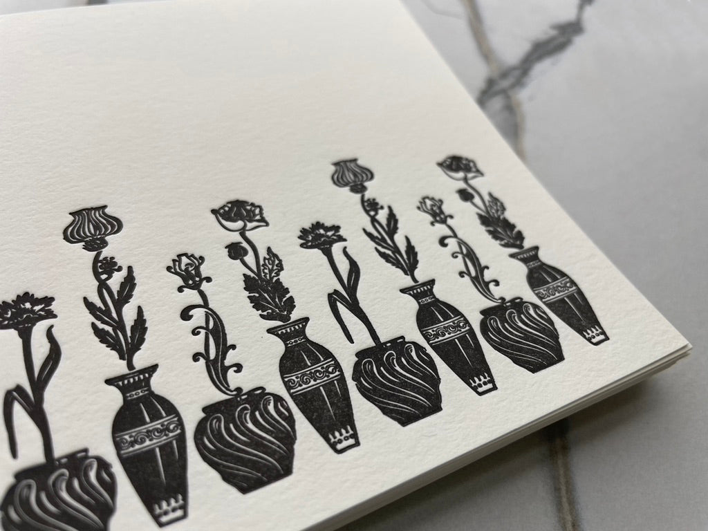 Set of 5, Floral Letterpress Notecards with Matching Handprinted Envelopes. - Hearty Greetings