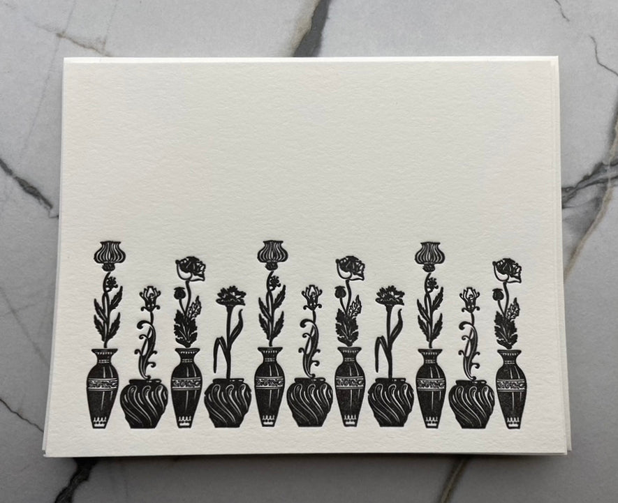 Set of 5, Floral Letterpress Notecards with Matching Handprinted Envelopes. - Hearty Greetings