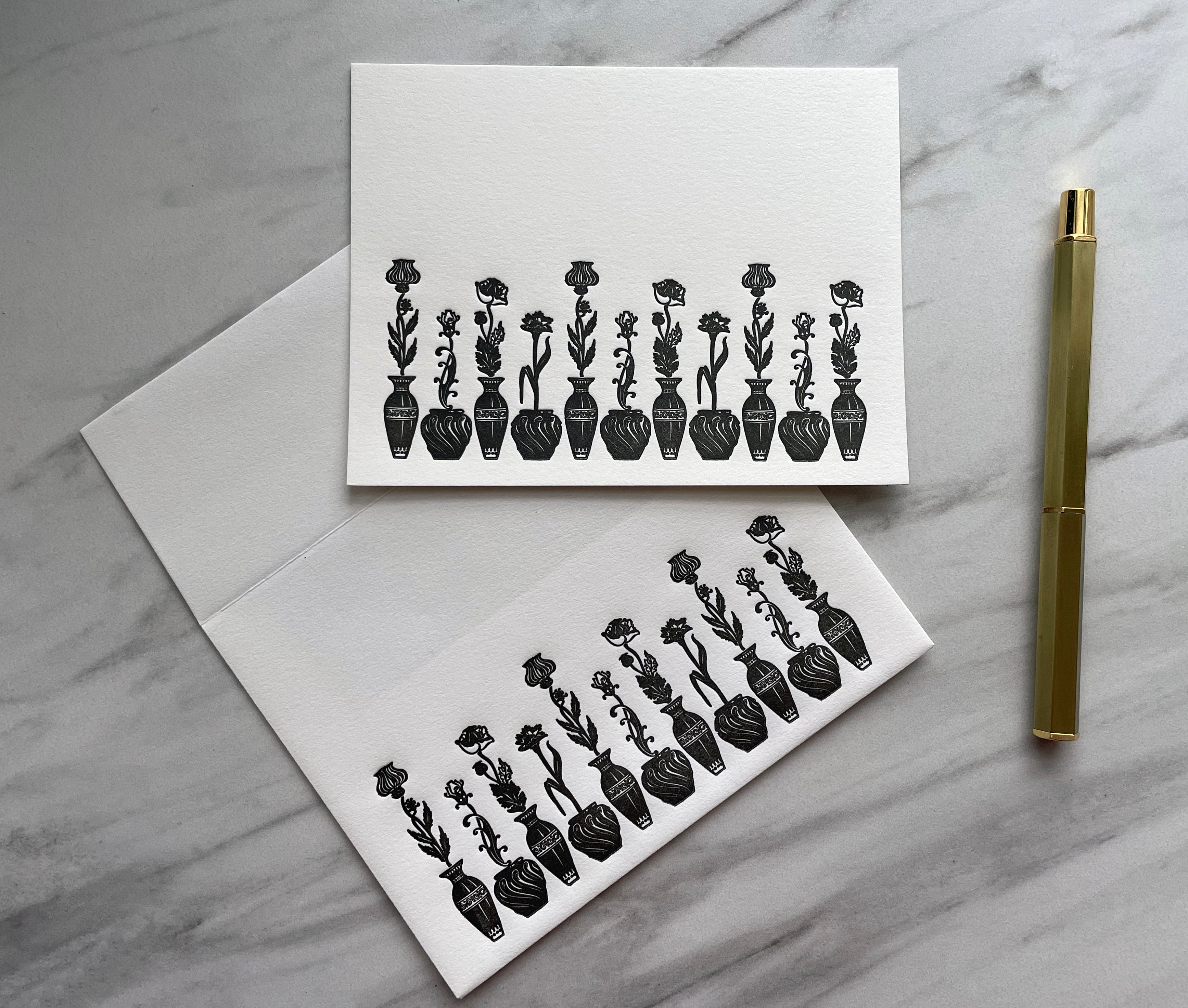 Set of 5, Floral Letterpress Notecards with Matching Handprinted Envelopes. - Hearty Greetings