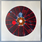 Circle Woodblock Print. Blue & Red Tones. Inspired by Bike Wheel Design. - Hearty Greetings