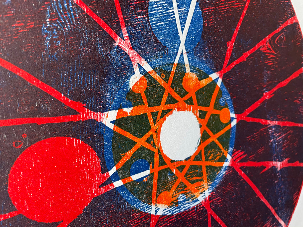 Circle Woodblock Print. Blue & Red Tones. Inspired by Bike Wheel Design. - Hearty Greetings