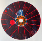 Circle Woodblock Print. Blue & Red Tones. Inspired by Bike Wheel Design. - Hearty Greetings