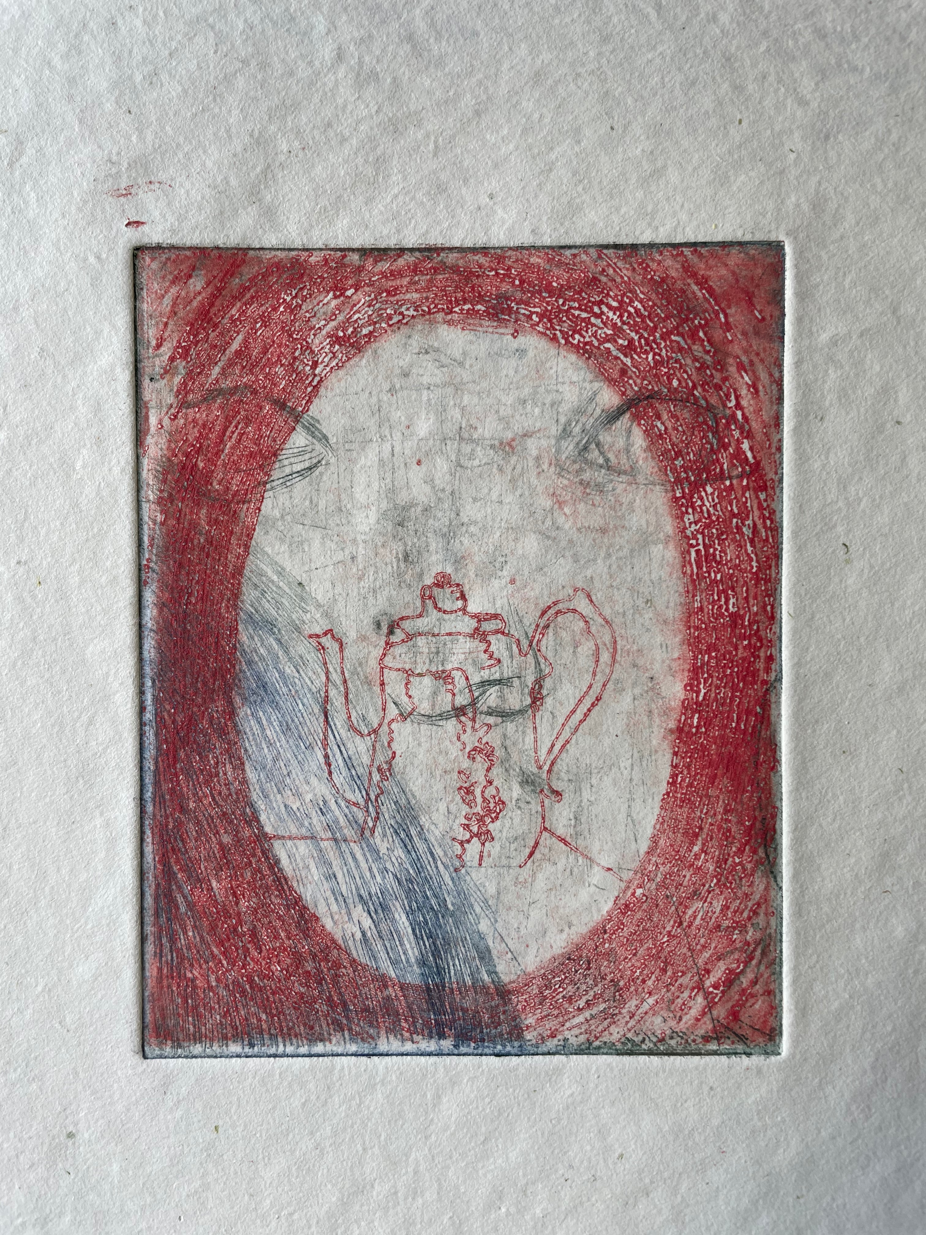 Handmade Print, Tea Kettle with Lines. Unique work of art, metal etching print. - Hearty Greetings