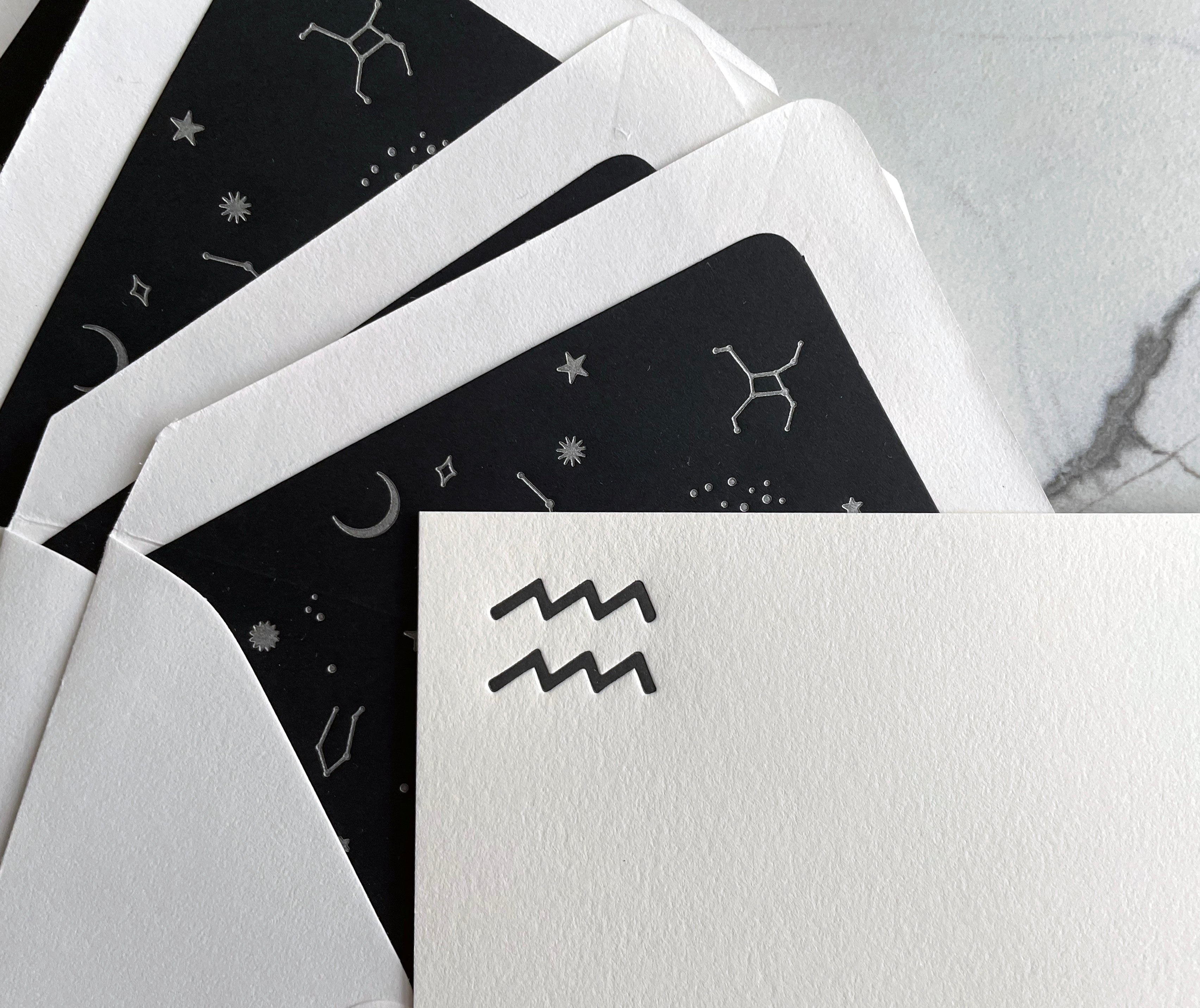 Aquarius Zodiac Sign Stationery Set, Letterpress Zodiac Cards, Zodiac Notecards With Envelope, Celestial Notecard Bundle, Star Sign Cards - Hearty Greetings