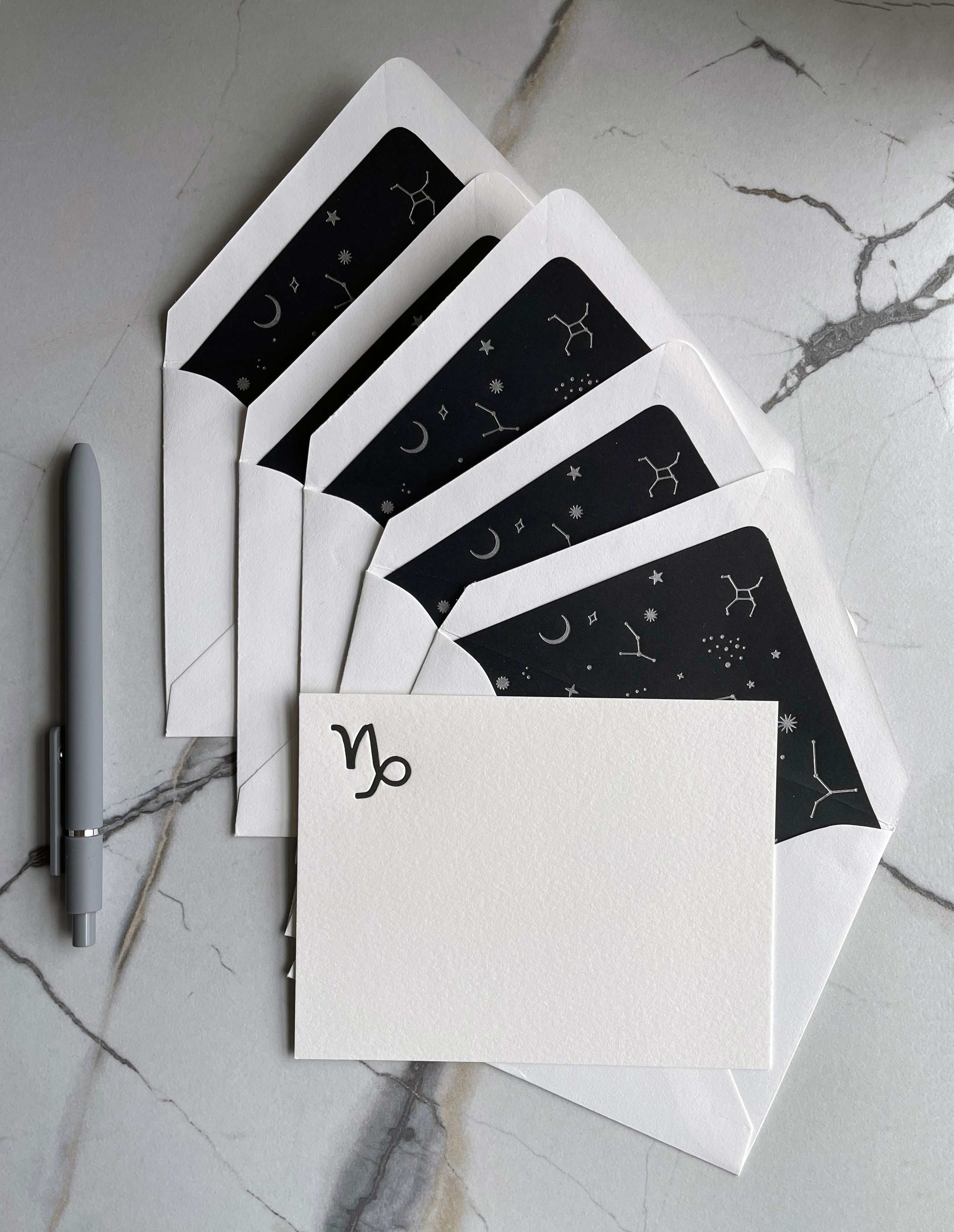 Set of 5, Letterpress Printed Zodiac Card Stationery Set, Capricorn the Sea Goat - Hearty Greetings